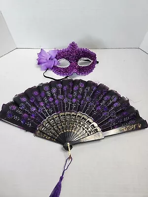 Masquerade Ball Mask Hand Fan Costume Set Purple Black Flower  • $9