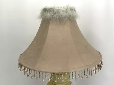 Vtg Victorian Farmhouse Style Fabric Lamp Shade Feathers Beaded Fringe Beige 15  • $49.94