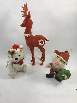 Vintage Christmas Decorations Faux Velvet Santa Bear Reindeer Figurines Set Of 3 • $12