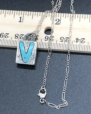 Jes Maharry Sundance Catalog Sterling Silver Turquoise V Letter Pendant Necklace • $135