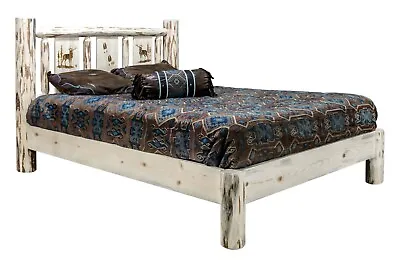 Log Platform Bed CA KING  Unique Laser Western Etched Amish Made Lodge Beds • $1329.05