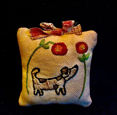 Prim Folk Handmade Embroidered Dog Amid Penny Flowers Sampler Pillow • $9.99