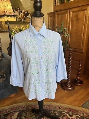 Vintage Cotton Embroidered Blouse Edwardian Cottage Button Front M  L 44” 23” • £17.36