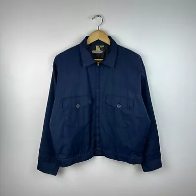 Vintage 70s Quilt Lined Two Pocket Navy Blue Bomber Jacket Coat Size Large • $45