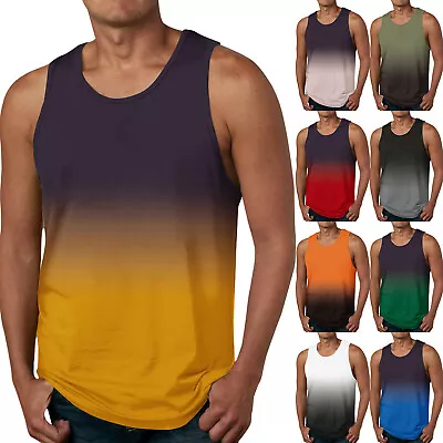 Men's Summer Vest T-Shirt Gradient Print Casual Tee Beach Round Neck Summer Top • £10.31