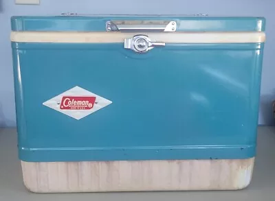 Vtg 1950s Coleman Cooler Lite Blue & White Metal Diamond Logo With Ice Box Tray • $95