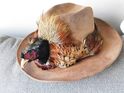 Taxidermy PHEASANT Head Vintage Western Cowboy HAT Feathers MOUNTED Wear. • $49