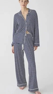NWT J.Crew Navy Blue Stripe Eco Dreamiest Long Sleeve Pajama 2 Pc Set  Sz M $110 • $62.50
