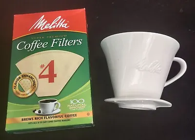 Melitta White Porcelain 1 Hole Drip Cone & 1 Coffee Filter Pour Over Brewing #4 • $38
