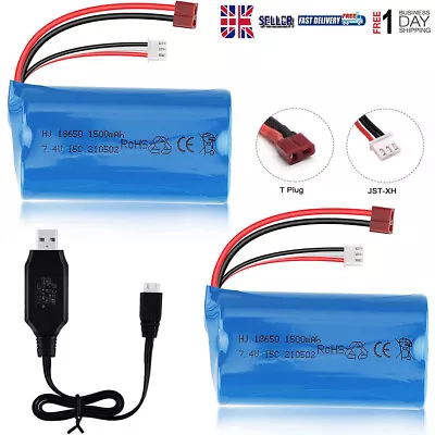 2Pcs 2S 1500mAh 7.4V Li-ion Battery Deans T Plug Charger For WLtoys 4WD RC Car • £17.99