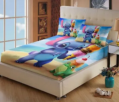 Lilo & Stitch Cartoon Bed Decor Fitted Sheet Set Single/Double/Queen/King Size • £29.37