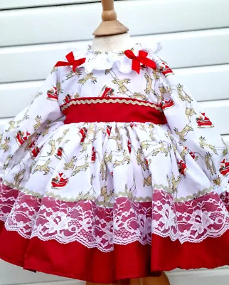 DREAM 0-8 Years BABY GIRLS Xmas Reindeers Santa Traditional Romany Netted Dress • £24.99