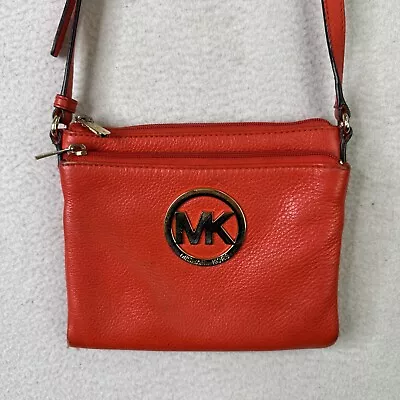 Michael Kors Fulton Pebbled Leather Double Zipper Crossbody Purse Orange Red • $35