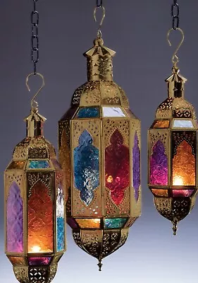 Large Hanging Moroccan Style Glass Lantern | Ethical Tea Light Holder Gold • £39.99