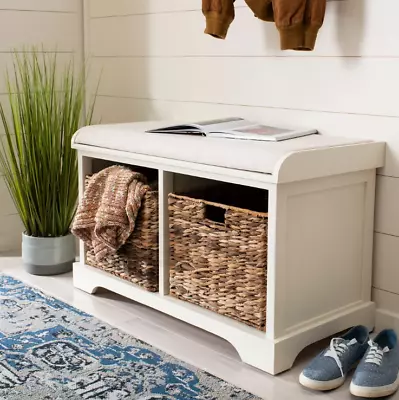 White Wicker Wood Storage Bench Entryway Seat Shoe Organizer Home Hallway Rustic • $165.52