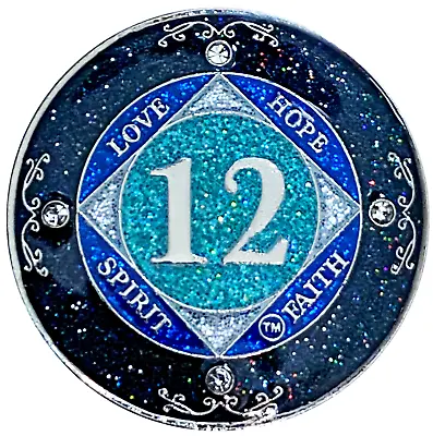 NA 12 Year Glitter & Crystals Medallion Narcotics Anonymous Blue Glitter Coin • $27.99