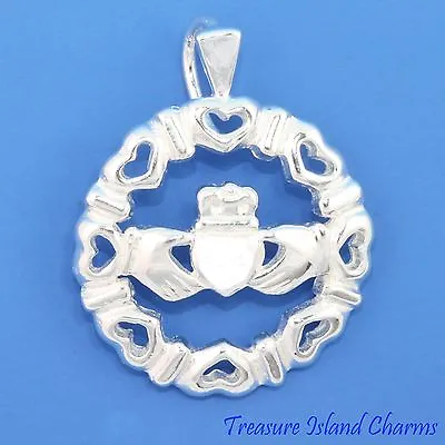 Irish Claddagh With Hearts Round 925 Solid Sterling Silver Pendant • $22.95