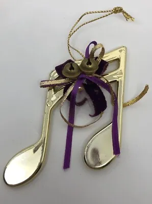 Music Note Christmas Ornament Bells Purple Ribbon 3.5” Plastic Gold Tone • $9.99