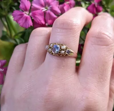 Antique Victorian 1864 Hallmarked 15ct Ceylon Moonstone And Pearl Ring Size 7.5 • $700