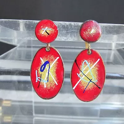 Vintage Red Enameled Copper Drop Earrings Screw Backs Yellow Black Abstract  • $20