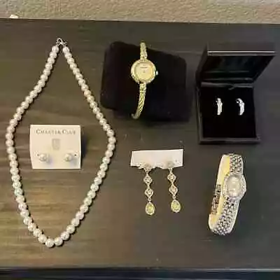 6 Pc Bundle Lot Jewelry Pearl Necklace 3 Earrings 2 Watches Gold Silver Tone • $40