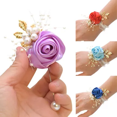 Bride Bridesmaid Wrist Corsage Bracelet Hand Flowers Boutonniere Wedding Decor • £2.87