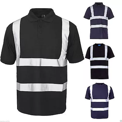 Mens  Hi Viz Visibility  Reflective Polo T Shirts Security Work Wear Safety Top • £10.99