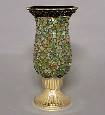 Candle Holder Brass Green Mosaic Glass Shade   5 D X 10 H FREE SHIPPING • $23.96