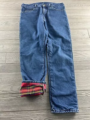 Vintage L.L. Bean Red Plaid Flannel Lined Blue Denim Jeans Men's Size 38 X 32 • $23.39