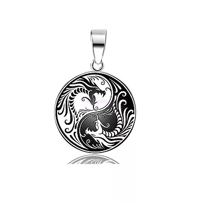 Mens Stainless Steel Protection Amulet Dragon Yin Ying Yang Pendant Necklace AU • $16.25