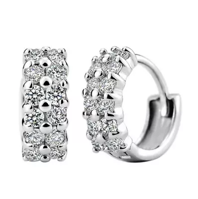 Women 925 Sterling Silver Wide Band CZ Huggie Hoop Earrings 12x4mm Gift J3 • $4.95