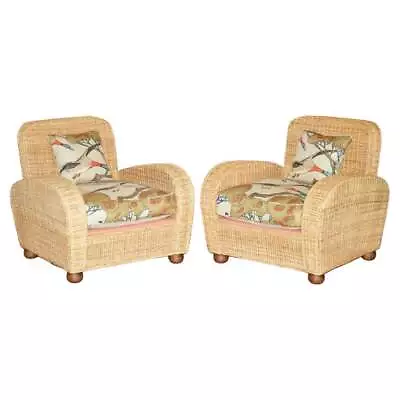 Pair Of Art Deco Style Wicker Club Armchairs With Mulberry Flying Ducks Cushions • £3500