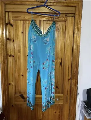 CZARINA SIZE XL 16 Silk Mix Palazzo Wide Pants Crystal Embellished Feel The Sky • $50