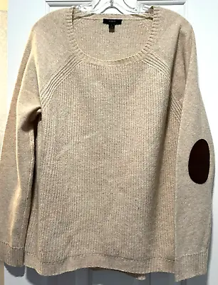 J. Crew Beige Wool Pullover Sweater With Leather Elbow Patches Size Large • $15.79