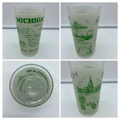Vintage 1940's-1960's State Of Michigan Frosted Souvenir Glass Green Design 8 Oz • $12.99