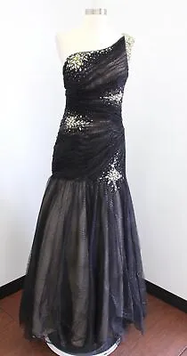 GIGI Black Mesh Shimmer Beaded One Shoulder Mermaid Prom Formal Gown Dress Sz 8 • $109.99