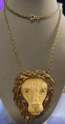 Vintage 70s Luca Razza Leo Lion Head Pendant Necklace Large Gold Tone 18  Chain  • $95