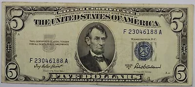 1953 A Blue Seal $5 Dollar SILVER CERTIFICATE US Five Dollar Banknote • $15