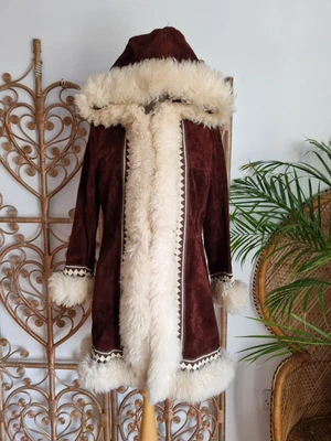 £219.99 • Buy Vintage Brown Sheepskin Suede Hooded Fur Penny Lane 70s Afghan Jacket Coat S