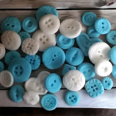 30 Edible Blue & White Buttons  Fondant Cake  Topper Baby Shower Birthday Boy • £6.99