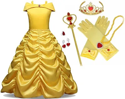 Beauty And Beast Kid's Yellow Princess Belle Costume Halloween Party Girl Dress • $29.99