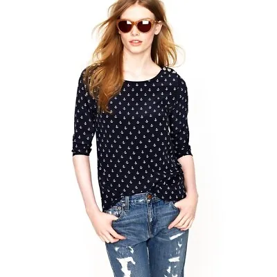 J Crew NAUTICAL Anchors Aweigh Silky 3/4 Sleeve Blouse In Navy XS NEW • $14.95