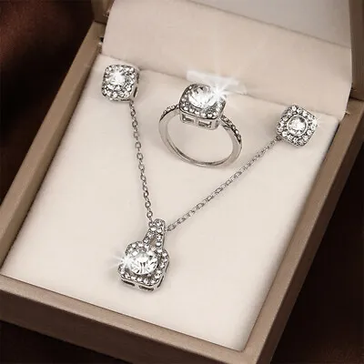 3Pcs Square Zircon Pendant Necklace For Women's Necklace Earrings Ring Set • £2.76