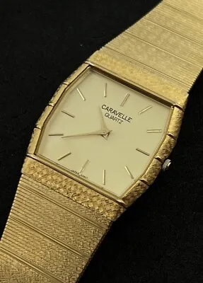 Vintage New 1987 BULOVA Caravelle Men’s 31mm Quartz Watch Gold Case Bracelet • $220