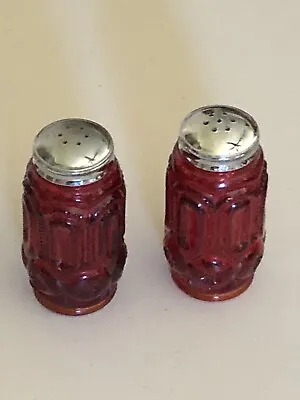 Vtg Mcm L E Smith Moon & Stars Red/amberina Salt Pepper Shakers 4” • $23