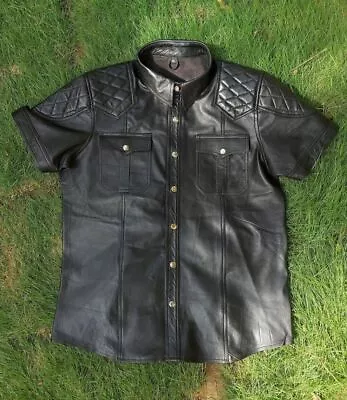 Men's Genuine Slim Fit Black Lambskin Leather Quilted Short Sleeve Shirt Coat • $112.36