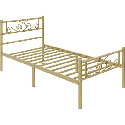 Twin XL Metal-Framed Bed With Headboard And Footboard Antique Gold Scroll Design • $53.99