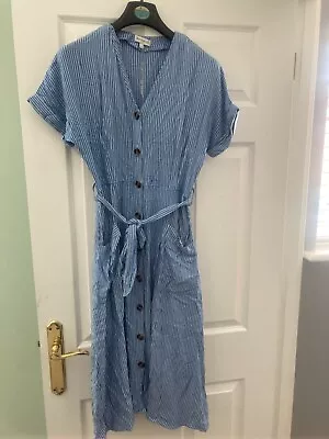 Warehouse Blue Striped Buttoned Midi Dress Size 10 • £5