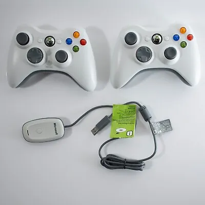 TWO Microsoft Xbox 360 Wireless Controller - White (1403) & Wireless Receiver • $74