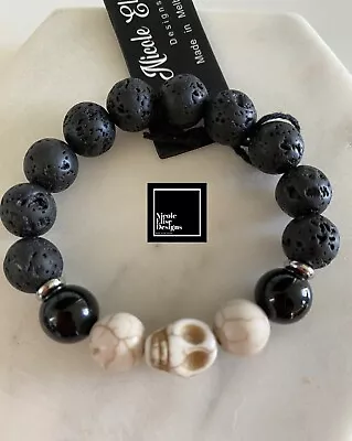 Aromatherapy Diffuser Bracelet Lava Stones Cream Howlite Boys - Skull Oil 16cm • $10